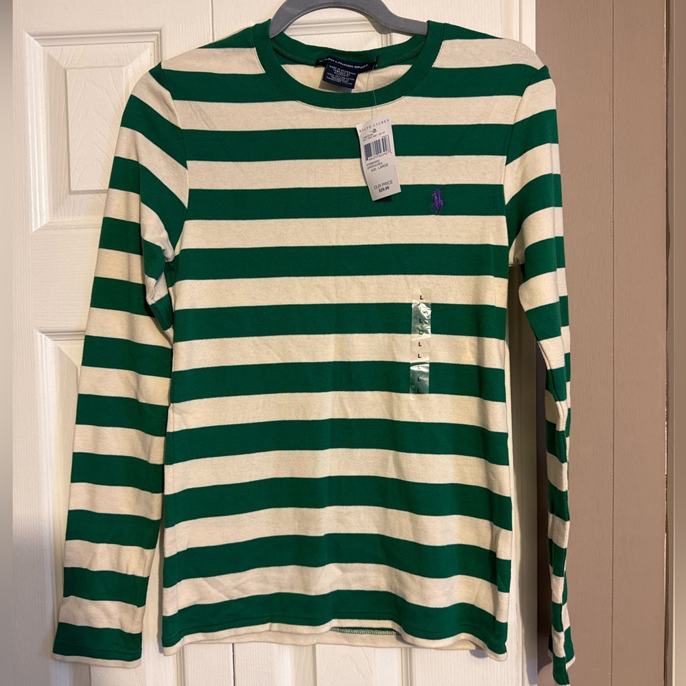 NEW W TAG Ralph Lauren Striped Long Sleeve. White and green. Purple logo. Size L